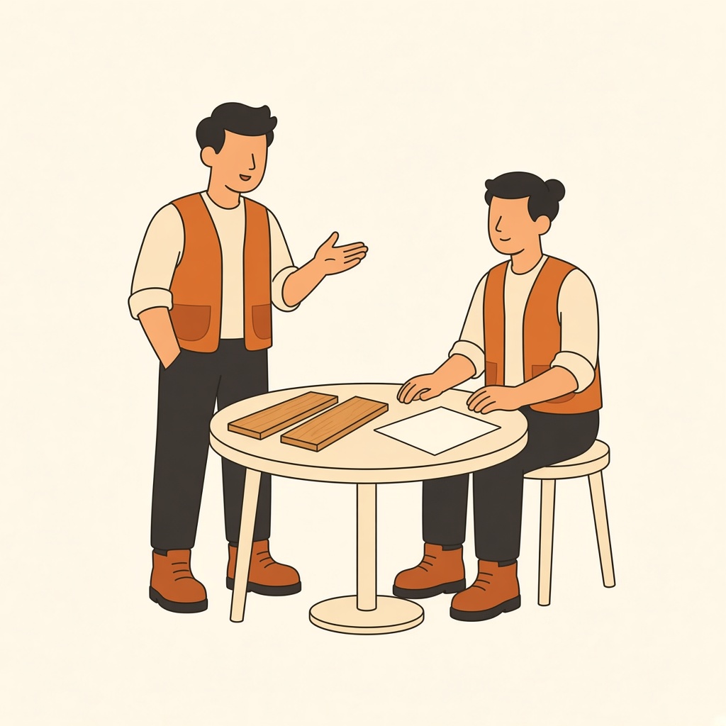 테이블 위 마루 샘플과 견적서를 보며 상담하는 장면