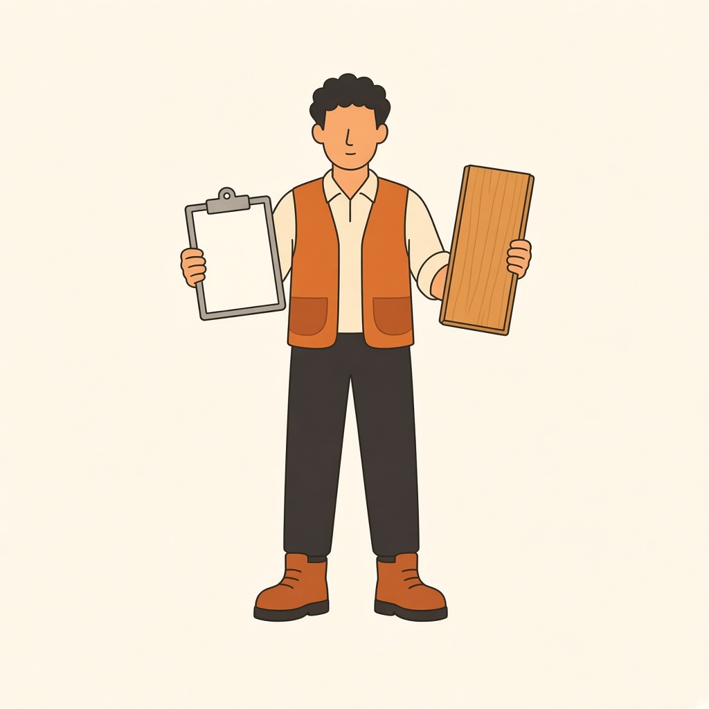 견적서와 마루 샘플을 들고 확정 견적을 안내하는 장면